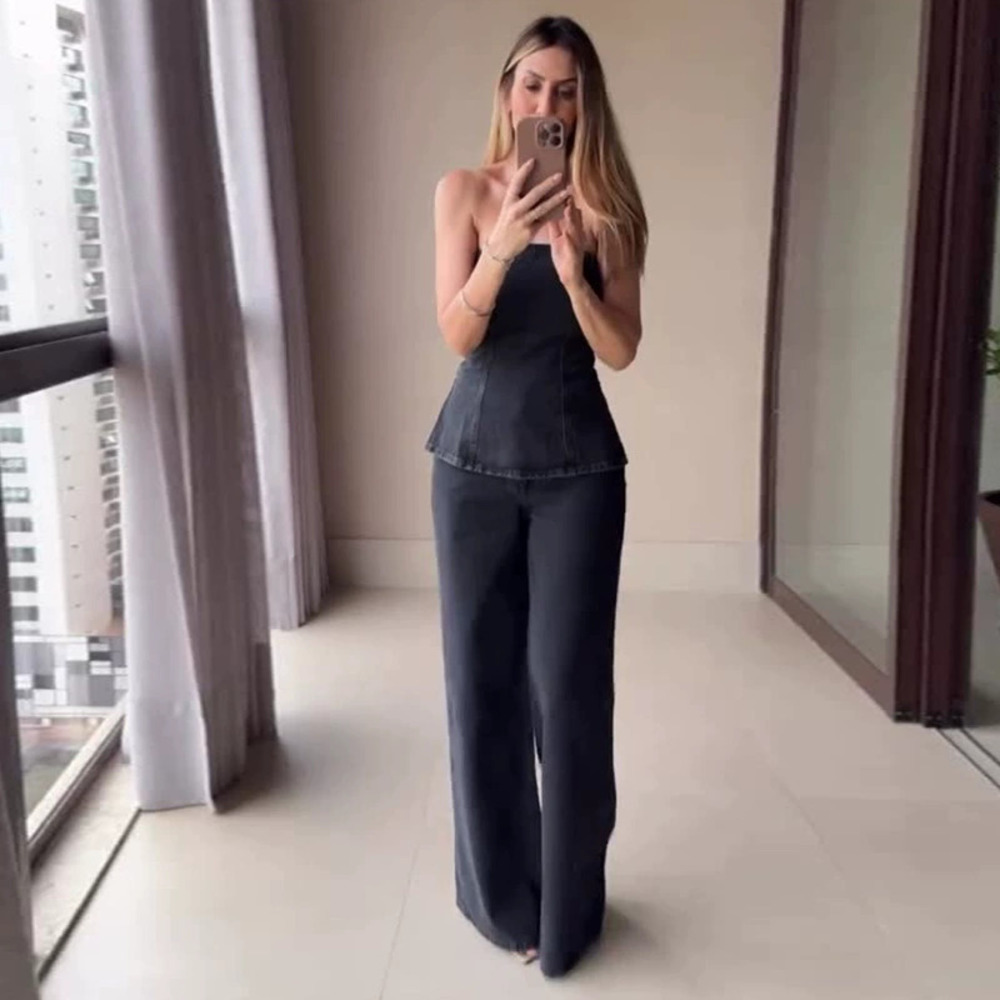 Forever 21 Summer Tube Top High-Waist Straight-Leg Pants Solid Simple Set